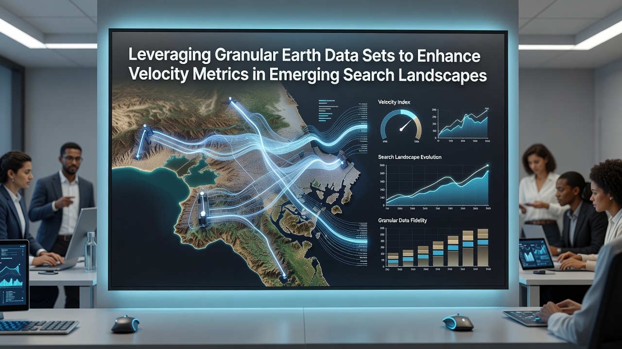 Interactive map overlay displaying earth data integration points with search engine velocity metrics and regional performance indicators